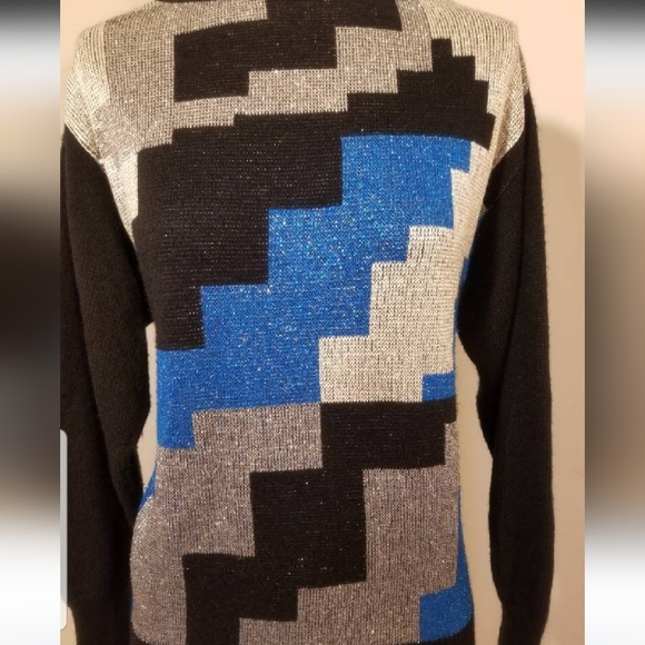 VINTAGE GEOMETRIC SWEATER 80S METALLIC MADEMOISELLE RETRO FALL WINTER 70S BLOCKS - Picture 4 of 12